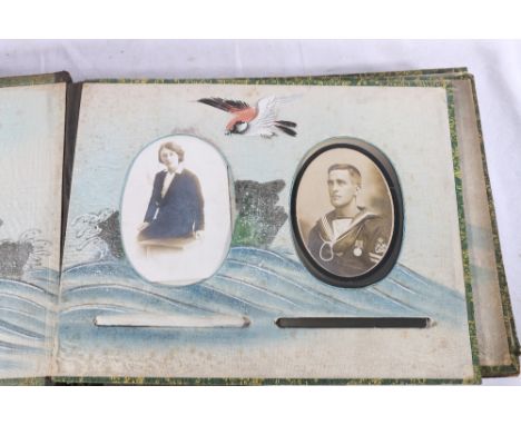 Oriental lacquered and shibayama inlaid photograph album with some cards including portrait of a seaman, etc. 