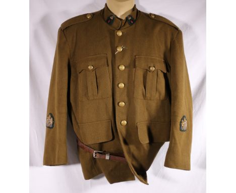 Irish army uniform dress green khaki tunic with Ulster collar badges, brass thistle buttons and wire and cloth British coat o