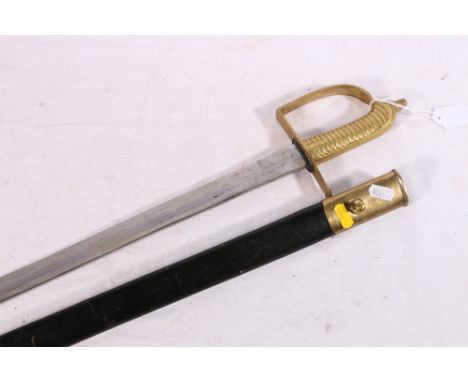 British pioneer type sword with brass handle, knucklebow hilt and single edged blade within leather scabbard, blade length 60