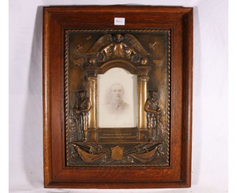 WWI shrine with photograph of soldier blind stamp for J Slimming Cowdenbeath within oak frame 