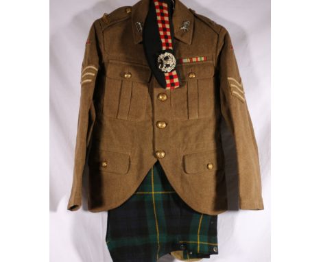 Army uniform dress khaki jacket or tunic with Gordon Highlanders shoulder titles, buttons by Firman and Sons Ltd of London, t