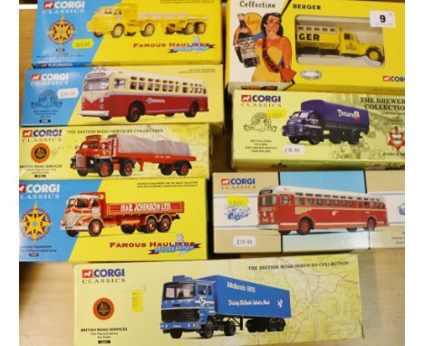 Seven Corgi Classics models including 23001 British Road Services, 98601 General Motors, 14001 Beresford Transport, 54102 Red