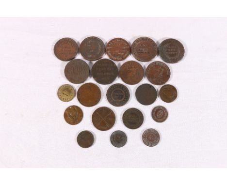 English tokens including R S Waterhouse Drapery Establishment Hobart Town Manchester House penny token, Hull Lead Works penny