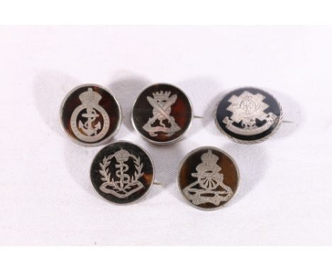 Five WWI period silver sweetheart brooches including HMS Vernon, Royal Naval Division, Royal Army Medical Corps, Highland Lig