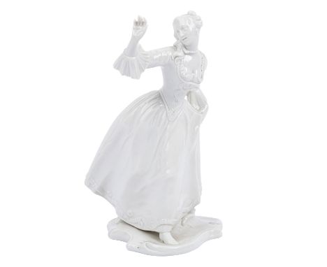 NYMPHENBURG Figur 'Leda', 20. Jh. Weißporzellan, auf einem Rocaillensockel stehende Frauenfigur aus der Commedia dell'arte na