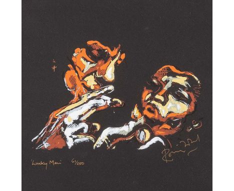 WOOD, RONNIE (geb. 1947), 'Lucky Man', Farblithographie auf schwarzem Papier, mit goldfarbenem Stift von Hand signiert und nu