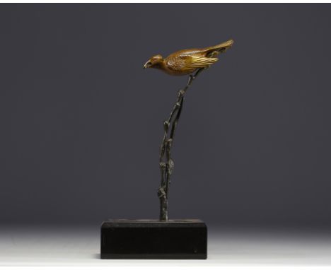 LOPEZ - "The bird on its branch" Art Deco animal bronze on black marble base, signed. at first glance: no defect - Weight: 2.