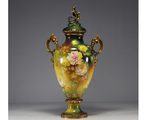Franz A. MEHLEM (Royal Bonn) - Large covered earthenware vase with floral and gold decoration, artist F. Nage, 19th-20th cent