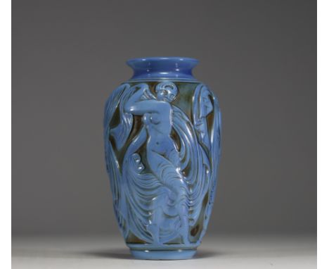 Georges CONDE et MOUGIN (XXth century) â€˜Danseusesâ€™ ovoid ceramic vase, blue enamelled, decorated with a frieze of dancers