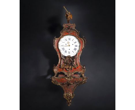 Large wall-mounted cartel and its console inlaid with scales and brass, bronze applications with plant motifs, volutes in pal