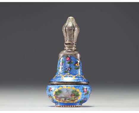 A rare silver and guilloche enamel salt flask decorated with flowers and landscape scenes, 19th century. Slightly chipped ena