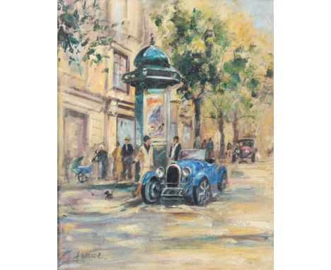 ‘Bugatti sur un boulevard parisien’ Oil on canvas, after “Parisian Snapshot” by Alan Fearnley.&nbsp;- Weight: 1.84 kg - Shipp