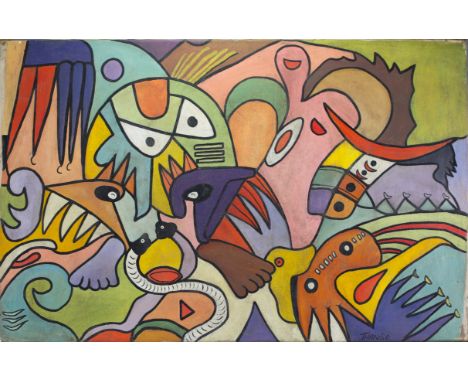 Francois THANGO (1936-1981) "The masks" Oil on canvas, signed. For the charity sale of the Rotary Club Liege Cite Ardente - L