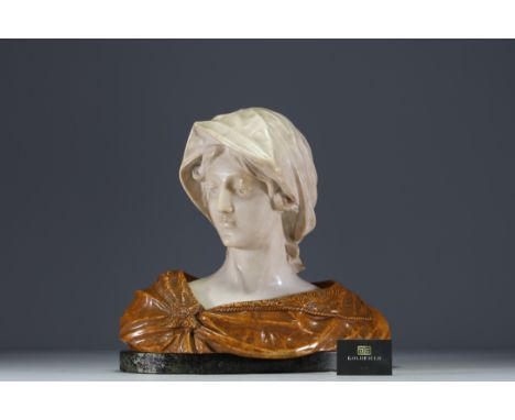 â€˜Woman with scarfâ€™ alabaster and marble bust, probably Italy, circa 1900. A slight chip on the edge of the scarf. - Weigh
