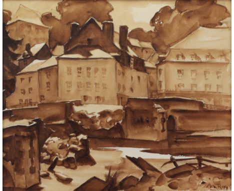 Albert RATY (1889-1970) "Bouillon, on the banks of the Semois" Ink wash on paper, signed. For the charity sale of the Rotary 