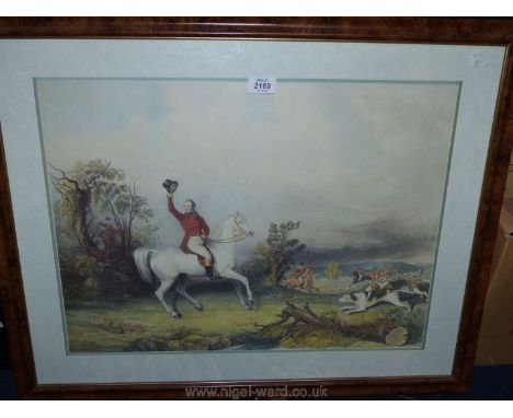 A large framed fox hunting Print, unsigned. 30 1/2" x 24 1/2".