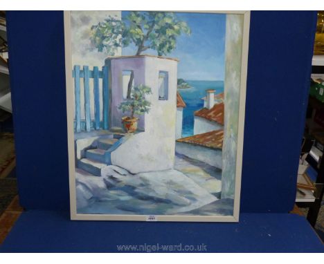 A wooden framed Oil on canvas entitled 'Back Streets of Skiathos, Greece 2018'. Indistinctly signed lower right K. Moore. 27 