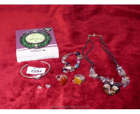 A 925 cornelian and garnet, tigers eye Rings, 925 designer inspirt bean earrings and bangle, amethyst necklace heart and two 