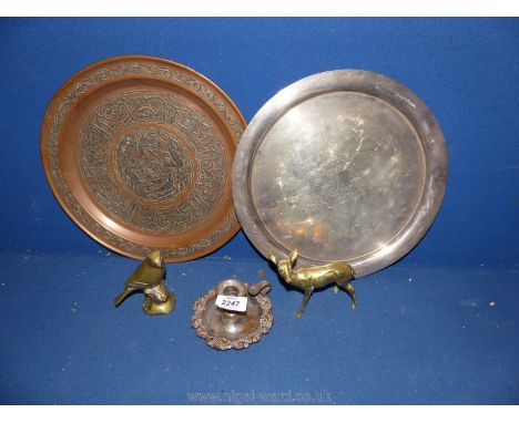 A brass and copper Charger with animal decoration to centre and scroll decoration to rim, 12" diameter, plus white metal tray