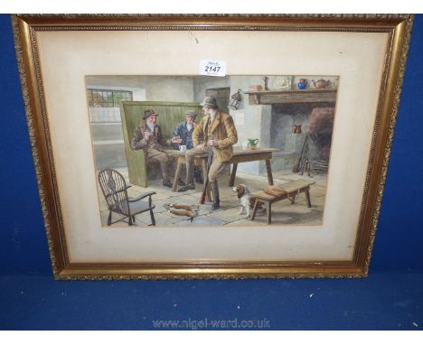 A framed and mounted Watercolour depicting three gentlemen at a table, one holding a shot gun with the spoils of his labour a