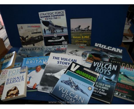 A box of books to include; The Vulcan Story, The Worlds Encyclopedia of Bombers, Cricket, etc.