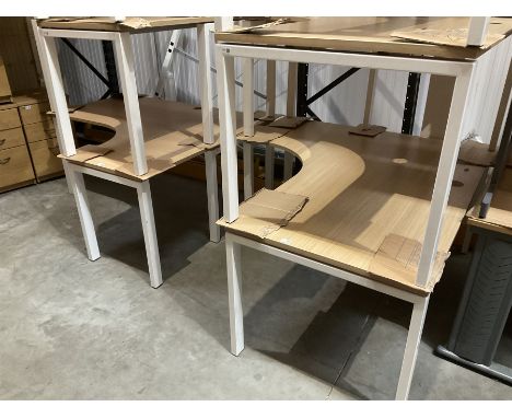 Pair of left and right hand return light oak finish office desks with screens. - THIS LOT IS TO BE COLLECTED BY APPOINTMENT F