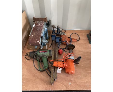 Pair of heavy duty clamps , drills, heat gun , belt sander . - THIS LOT IS TO BE COLLECTED BY APPOINTMENT FROM DUGGLEBY STORA