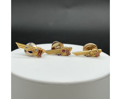 3x 14ct yellow gold oil related tie pins,
set with diamonds and rubies,
10.2 grams total weight approx,
clasps are not gold,

