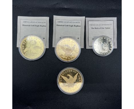 A collection of 4 American gold plated coins, a $10 coin 1838, a Gold Eagle replica coin, a $2 1/2 dollar replica coin, a bir