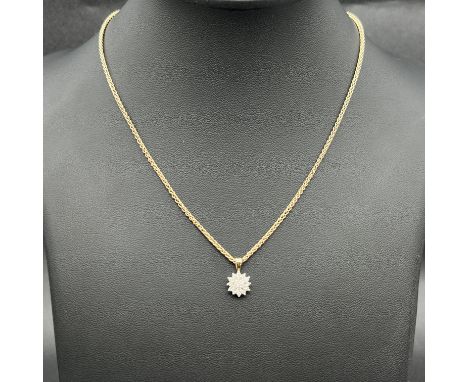 A 9ct yellow gold diamond cluster pendant with nice herringbone chain,&nbsp;
cluster is 14mm x 8mm,
5.04 grams in total appro
