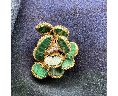 An 18ct yellow gold malacite and diamond brooch,
each malacite stone is 14mm x 8mm set with 5 brilliant cut round diamonds,
5