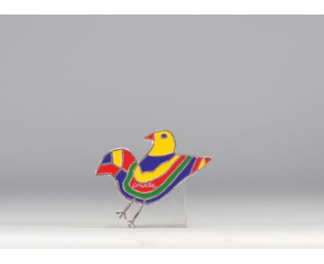 Guillaume Cornelis Van Beverloo Corneille (1922-2010). "Bird. 1997. Brooch sculpture in silver-plated metal and four-color en
