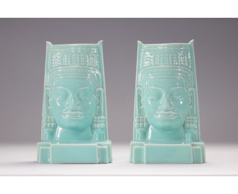 (2) ROBJ for Villeroy &amp; Boch (Luxembourg) Pair of turquoise enamelled porcelain BOOKSCREENS decorated with Khmer Buddha h