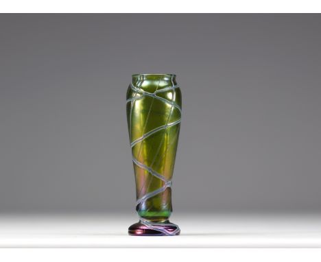 LOETZ Green iridescent violet glass vase with applications circa 1900. Loetz Glass was one of the leading Art Nouveau produce