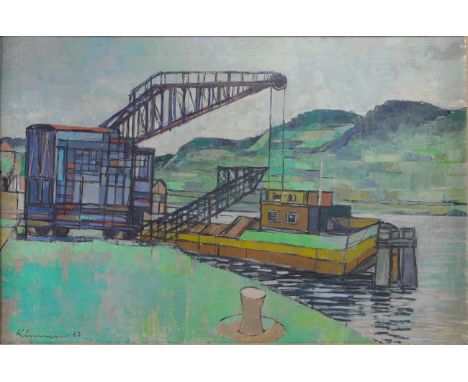 Franz KINNEN (1905-1979) Oil painting "boatmen's work" This painting is composed of beautiful shades of blue, and shows a ver