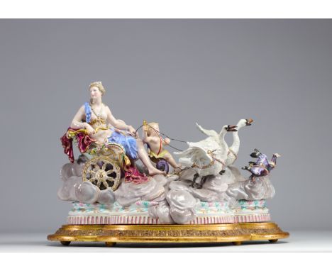 Meissen, large porcelain group depicting "Venus in her chariot drawn by Swans". This porcelain shows very fine workmanship on
