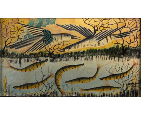 Kabinda Kunkulu VICTOR (1927) Oil "birds and fish". Kabinda was one of the painters who came out of the art studio "le Hangar