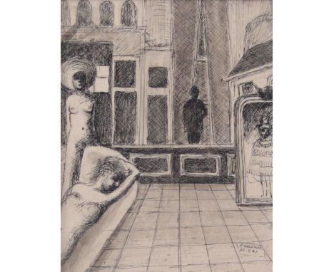 Paul DELVAUX (1897-1994) Dessin encre de chine " jeunes femmes en interieur" signe et date 1947 - Weight: 2.13 kg - Shipping 