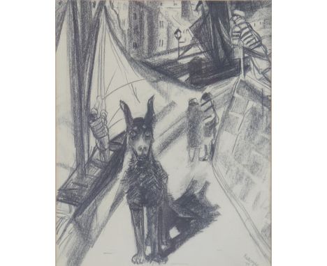 "Life in the Port" charcoal drawing by Frits VAN DEN BERGHE (1883-1939) Belgian Expressionist and Surrealist painter and illu
