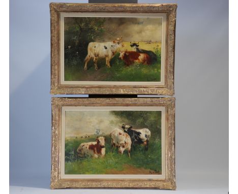 Paul SCHOUTEN (1860-1922) pair of oils "Cows in the Meadow - Weight: 5.15 kg - Shipping unavailable - Region: Belgique - Size