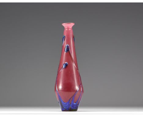 LOETZ Vase in violet iridescent pink glass with blue applications circa 1900. Loetz Glass was one of the leading Art Nouveau 