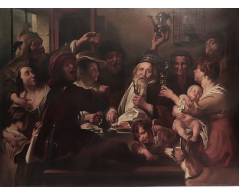 Based on the work "The King Drinks" by the famous painter J.Jordaens, this painting, probably dating from circa 1900, stands 