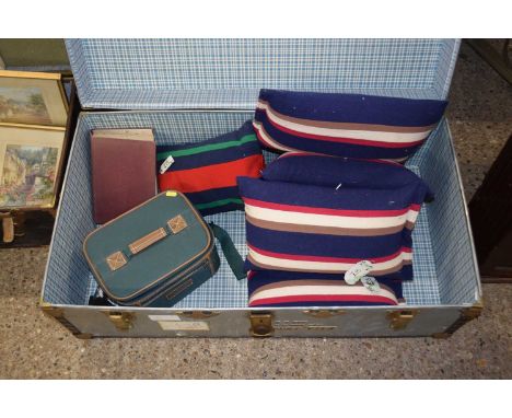 Vintage metal bound steamer trunk and a quantity of cushions