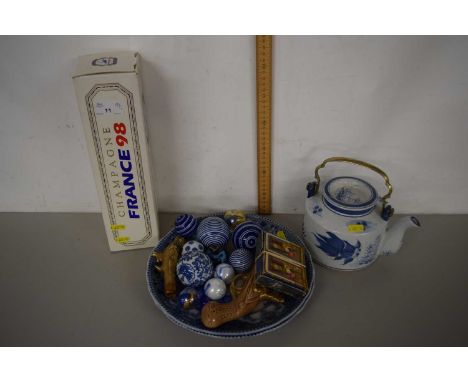 Mixed Lot: decorated plates, various ceramic and glass spheres, bottle of France 1998 World Cup champagne and a further Orien