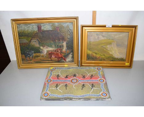 Mixed Lot: oil on canvas study, chalk cliffs, together with a further oil on canvas study, cattle before a thatched cottage a