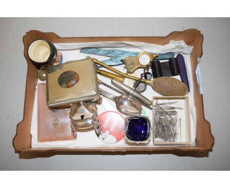 Mixed Lot: Agate topped trinket box, flatwares, glove stretchers, miniature clock etc