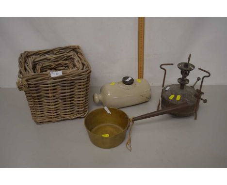 Mixed Lot to include set of three wicket baskets, pan, stoneware hot water bottle and an oil lamp