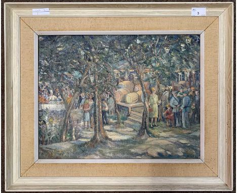 M.N.Brown (20th century), Bexhill Art Society label on backboard inscribed 'Wine Festival Daphni Greece', oil on board, initi