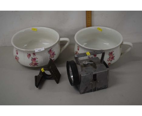 Mixed lot: vintage chamber pot, vintage metal cased torch and a stop and think sign