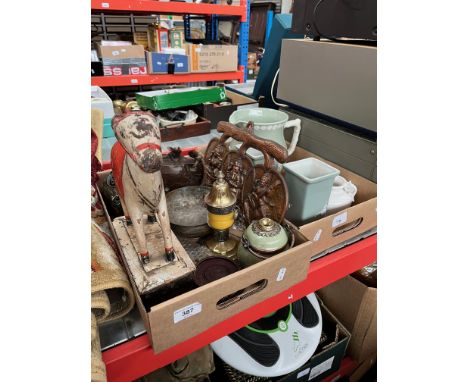 A box of Oriental / Eastern items including a carved animal, metalware and a box of pottery including Spode jug and other ite